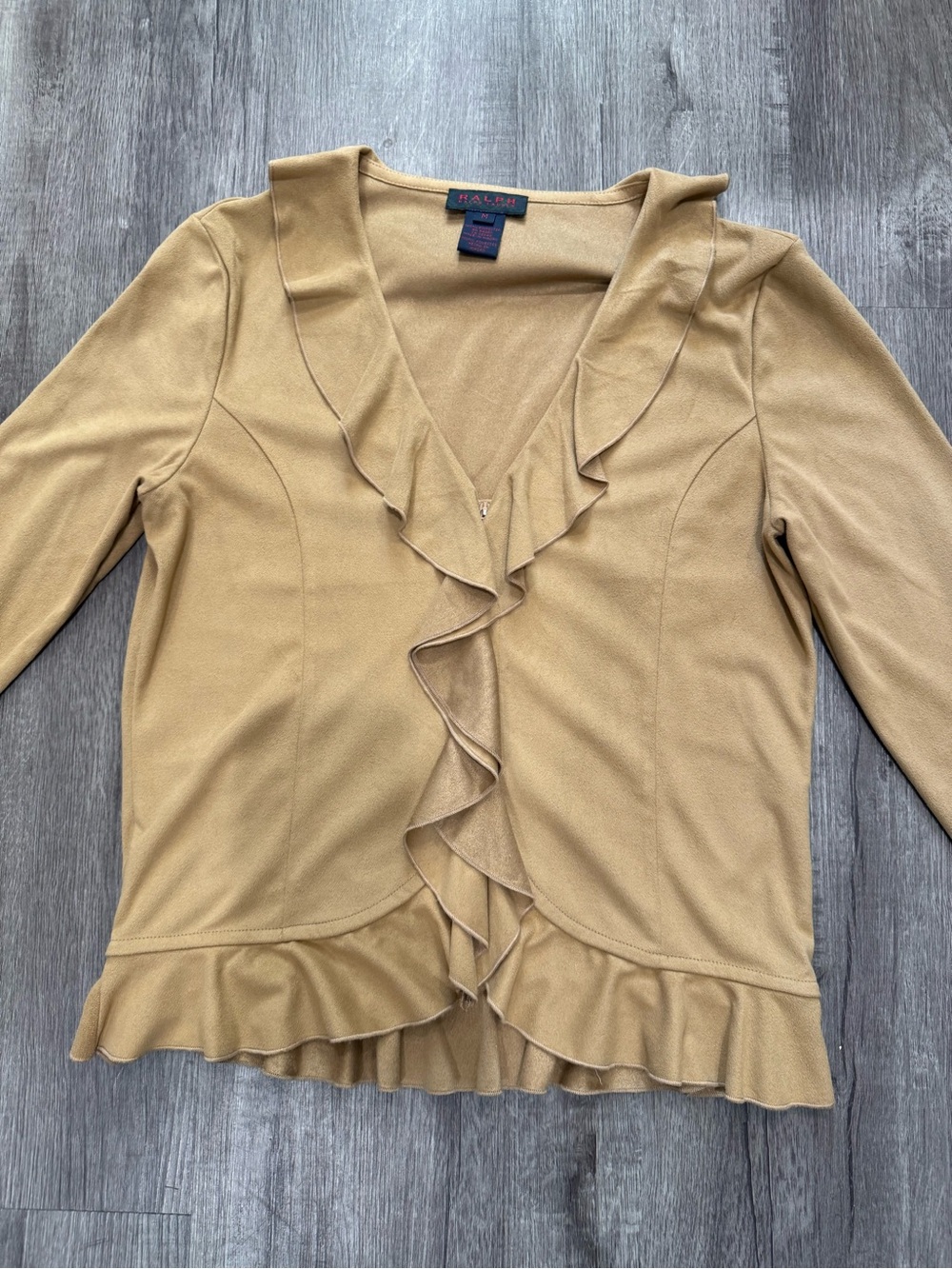 Ralph Lauren Tan Ruffle-Trim V-Neck Peplum Blouse - Picture 3 of 7